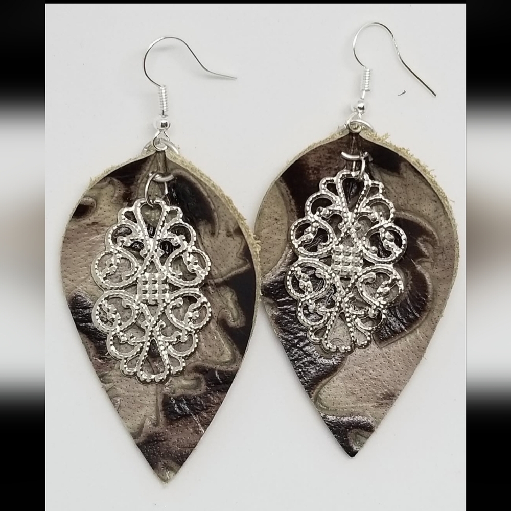 NWT Brown and Silver Genuine Leather Earrings